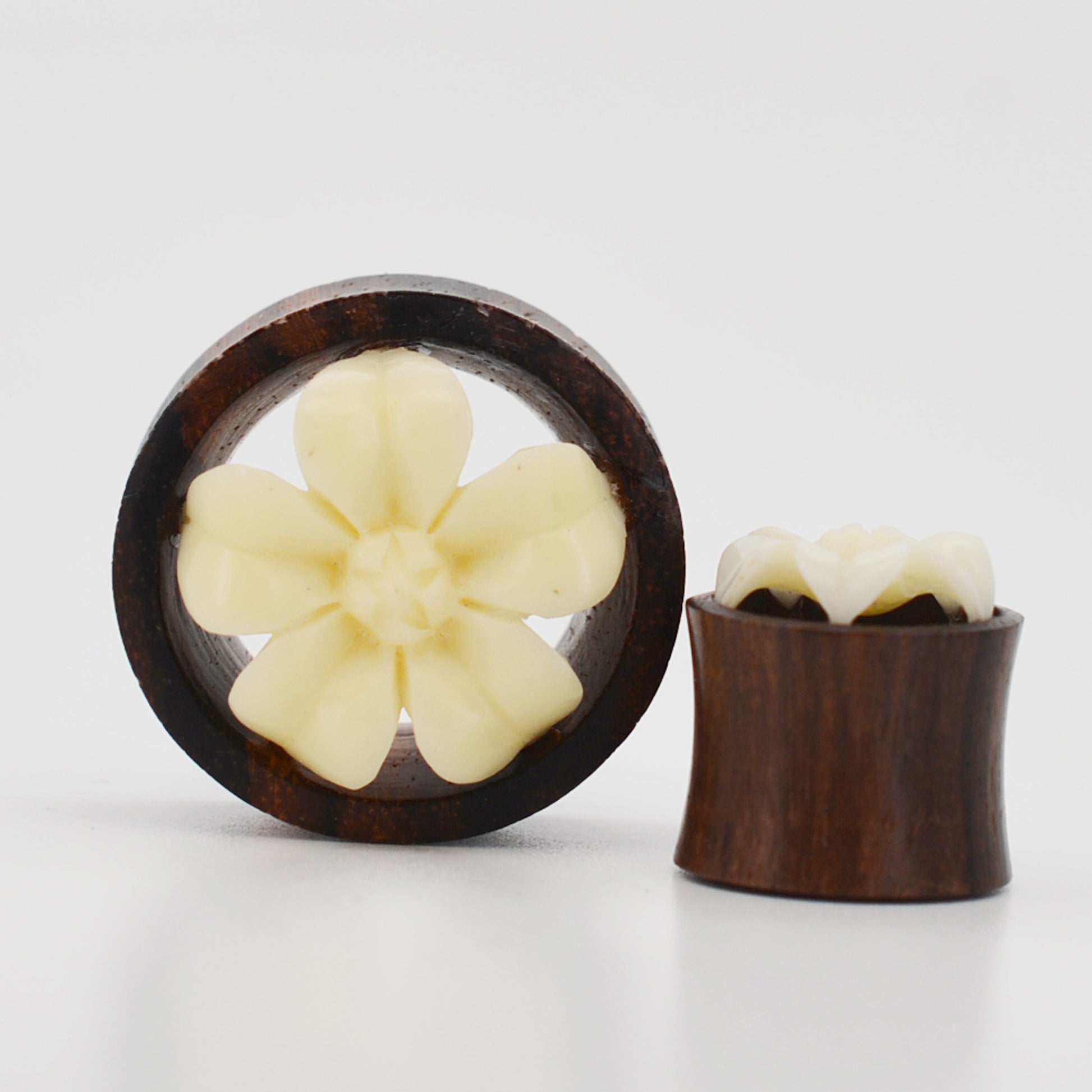 Double Flare Wooden Tunnel Plugs, Water Lily Flower Design Buffalo Gauges, Handmade Organic Plugs