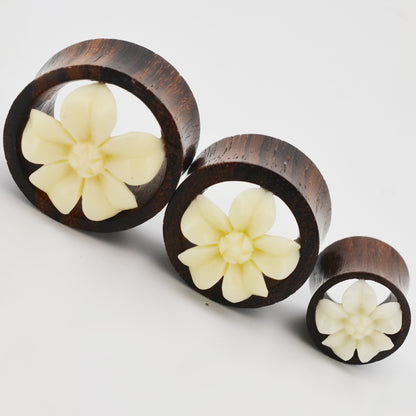 Double Flare Wooden Tunnel Plugs, Water Lily Flower Design Buffalo Gauges, Handmade Organic Plugs