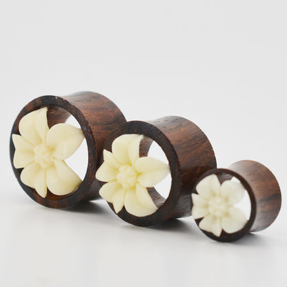 Double Flare Wooden Tunnel Plugs, Water Lily Flower Design Buffalo Gauges, Handmade Organic Plugs