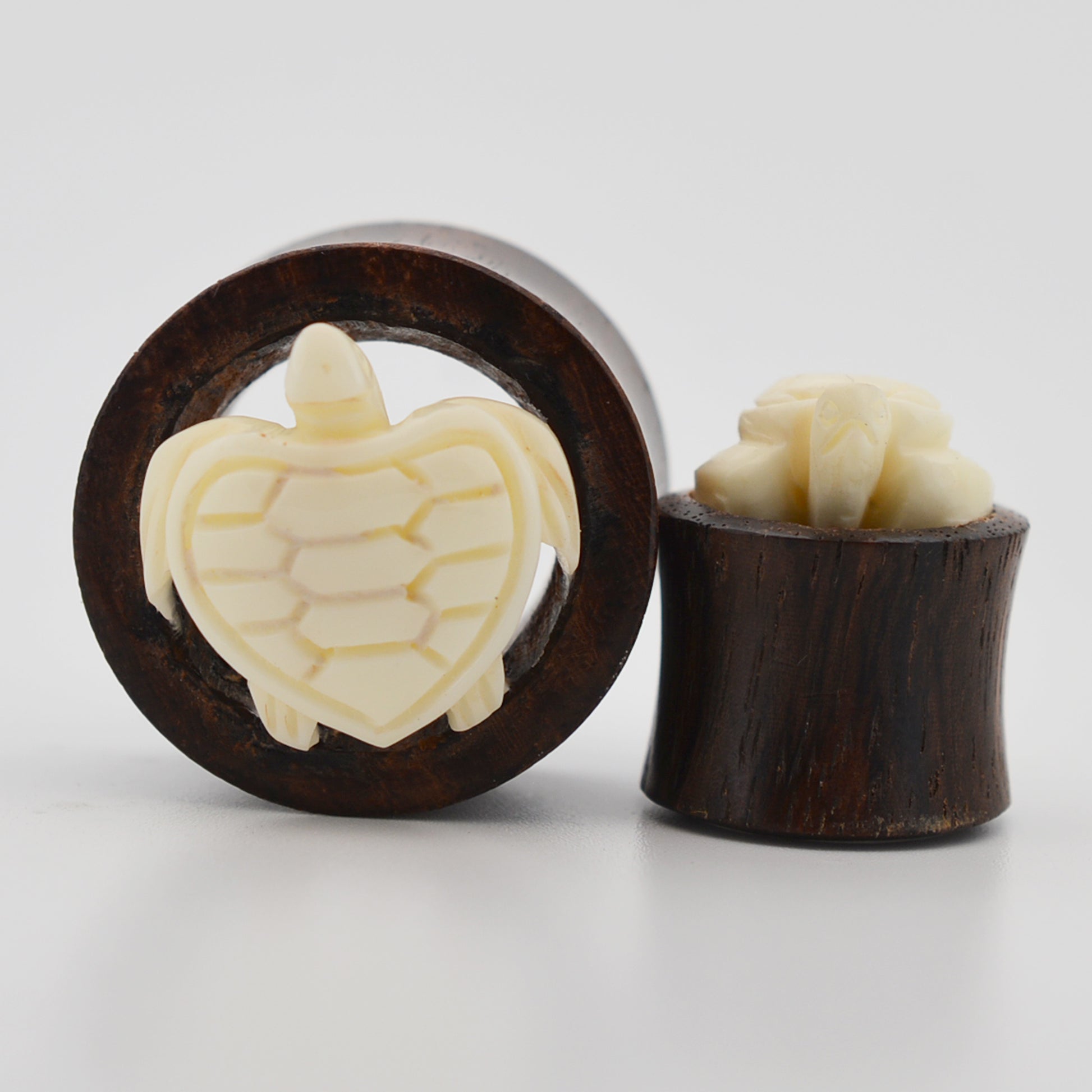 Handmade Turtle Design Buffalo Bone Tunnel Plugs, Sono Wood Gauges, Organic Gauges