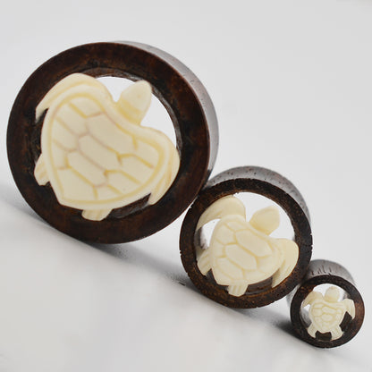 Handmade Turtle Design Buffalo Bone Tunnel Plugs, Sono Wood Gauges, Organic Gauges