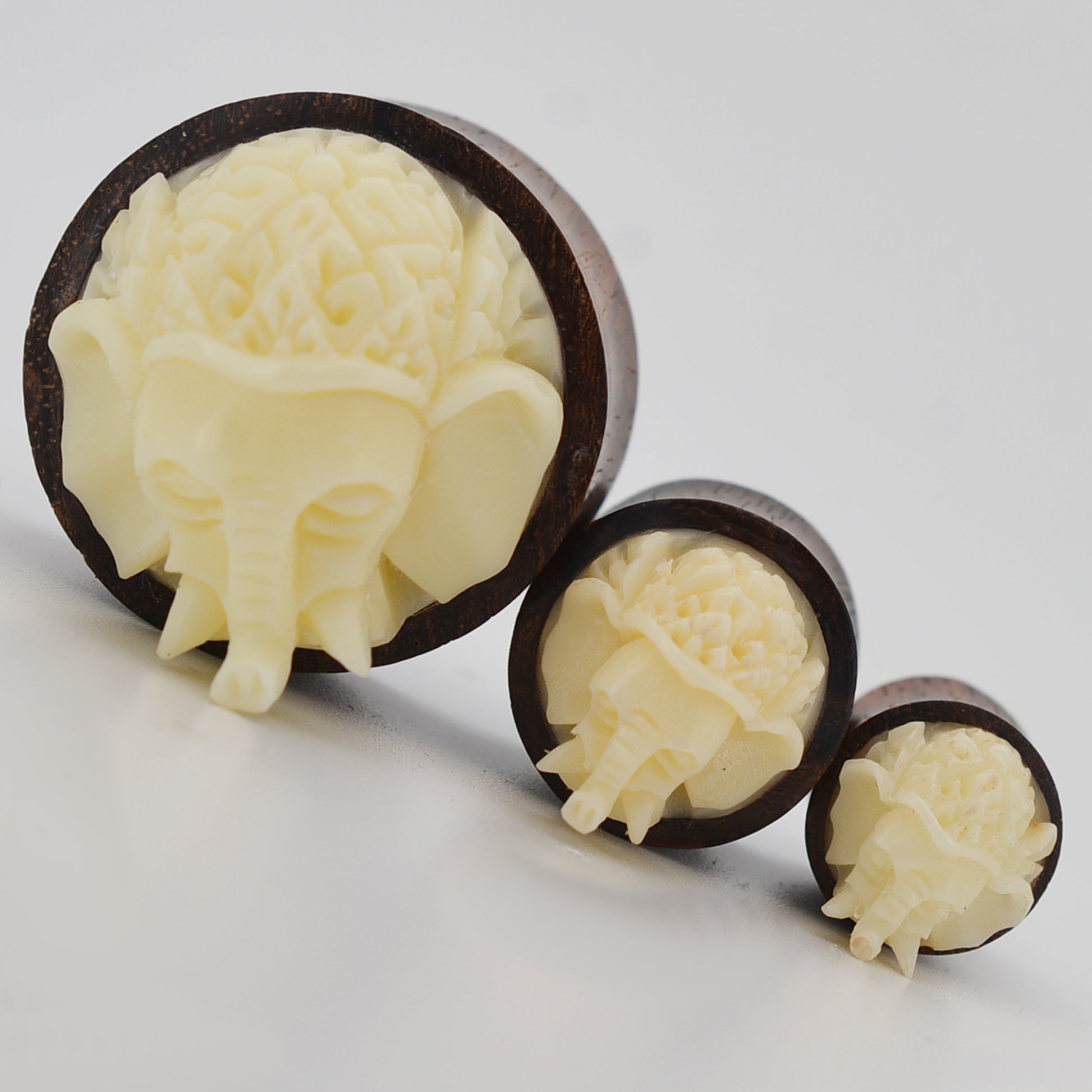 Handmade Organic Buffalo Bone Elephant Plugs, Circus Design, Double Flare Sono Wood Gauges