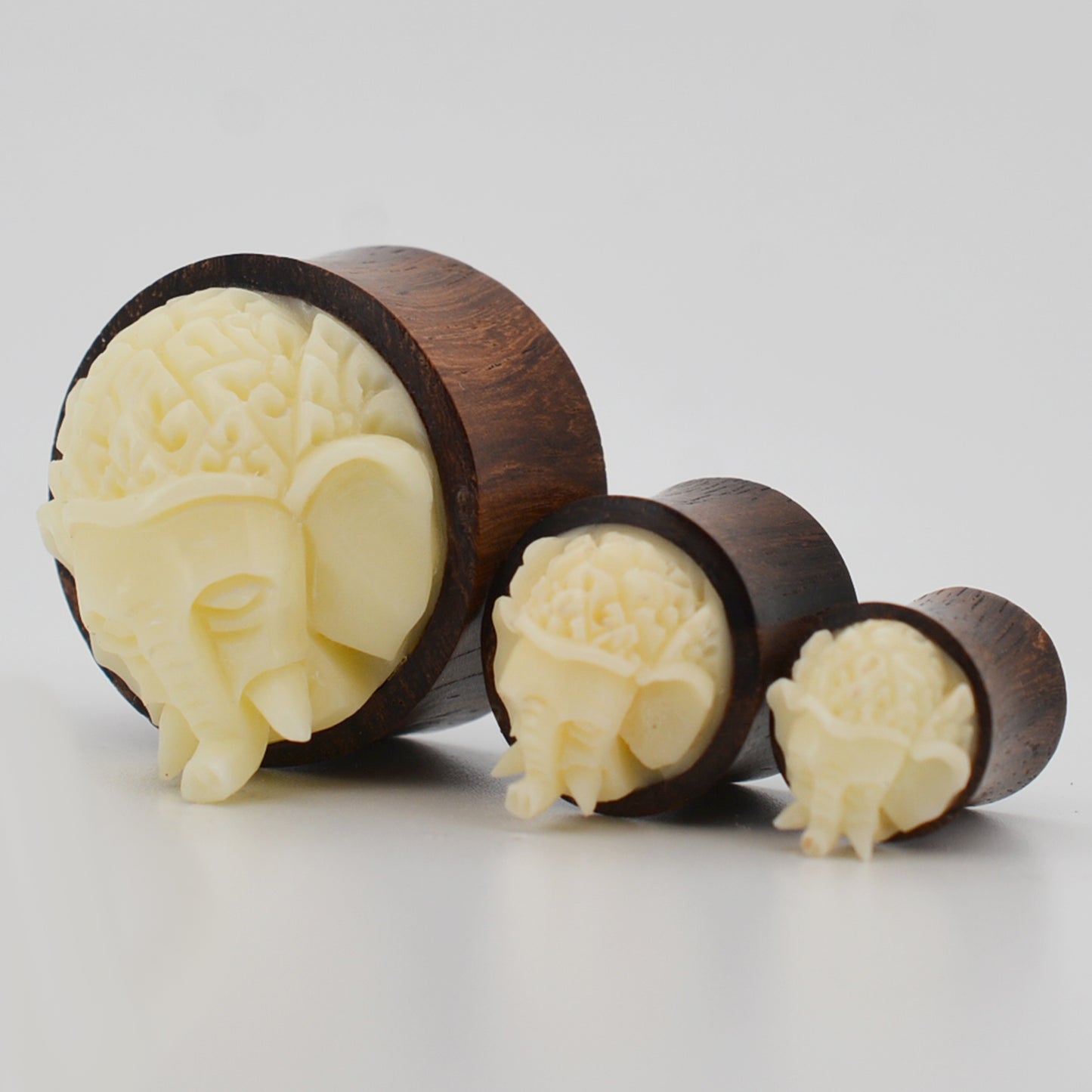 Handmade Organic Buffalo Bone Elephant Plugs, Circus Design, Double Flare Sono Wood Gauges