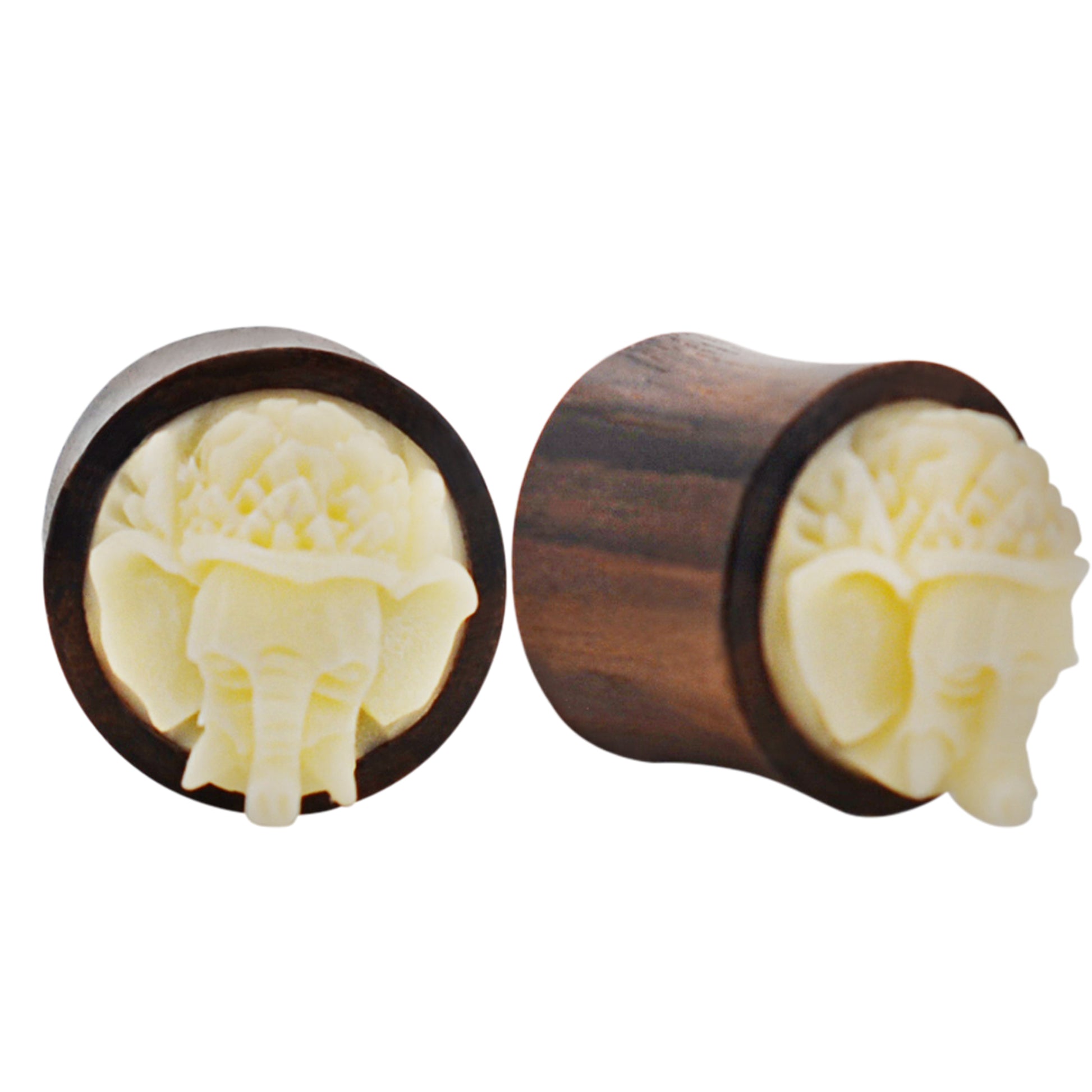 Handmade Organic Buffalo Bone Elephant Plugs, Circus Design, Double Flare Sono Wood Gauges