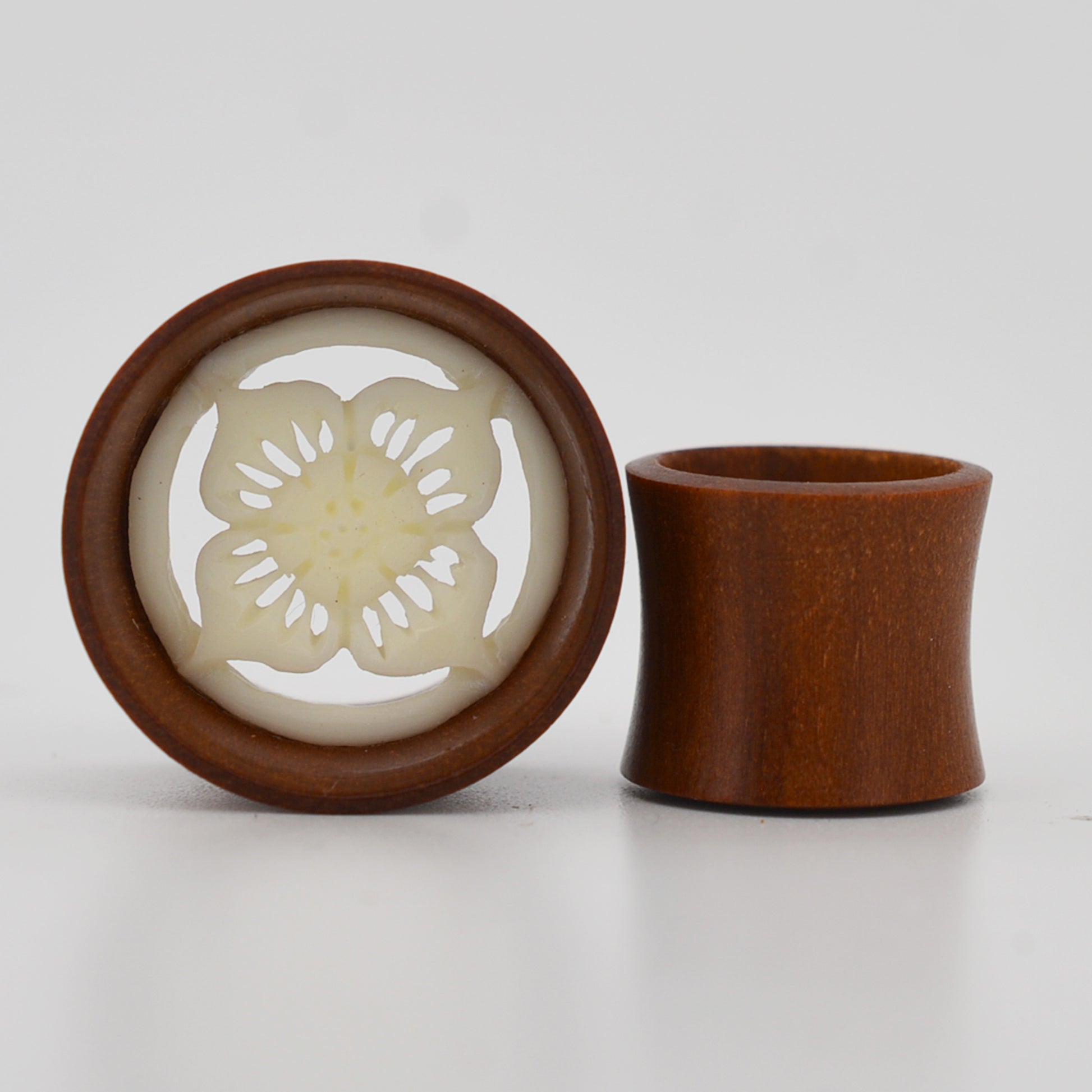 Organic Bone Inlay Sono Wood Tunnel Plug, Lotus Flower Design | Gauges