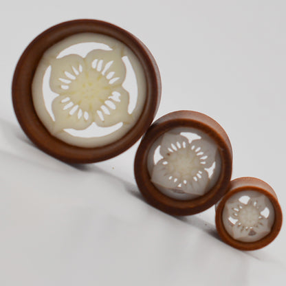 Organic Bone Inlay Sono Wood Tunnel Plug, Lotus Flower Design | Gauges