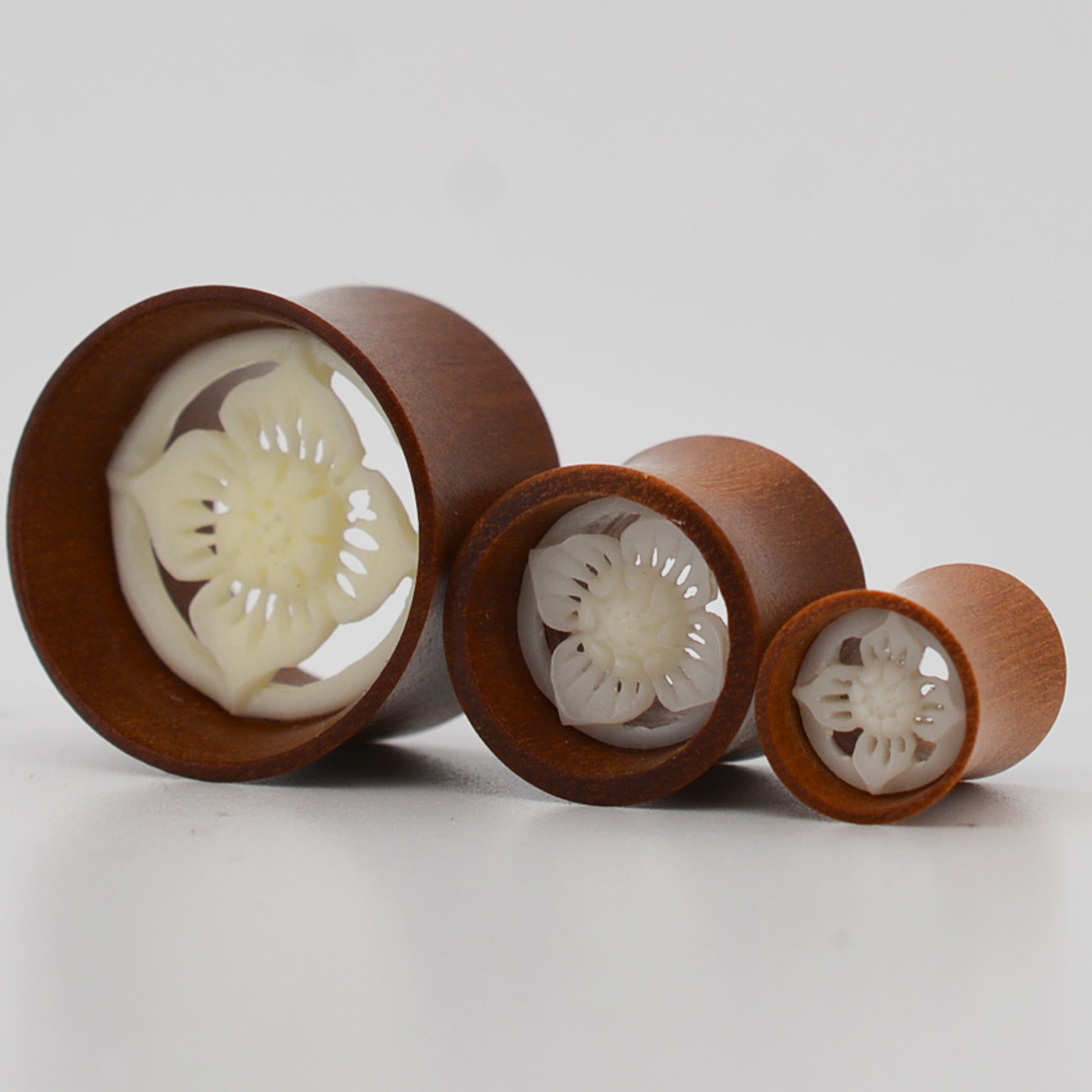 Organic Bone Inlay Sono Wood Tunnel Plug, Lotus Flower Design | Gauges