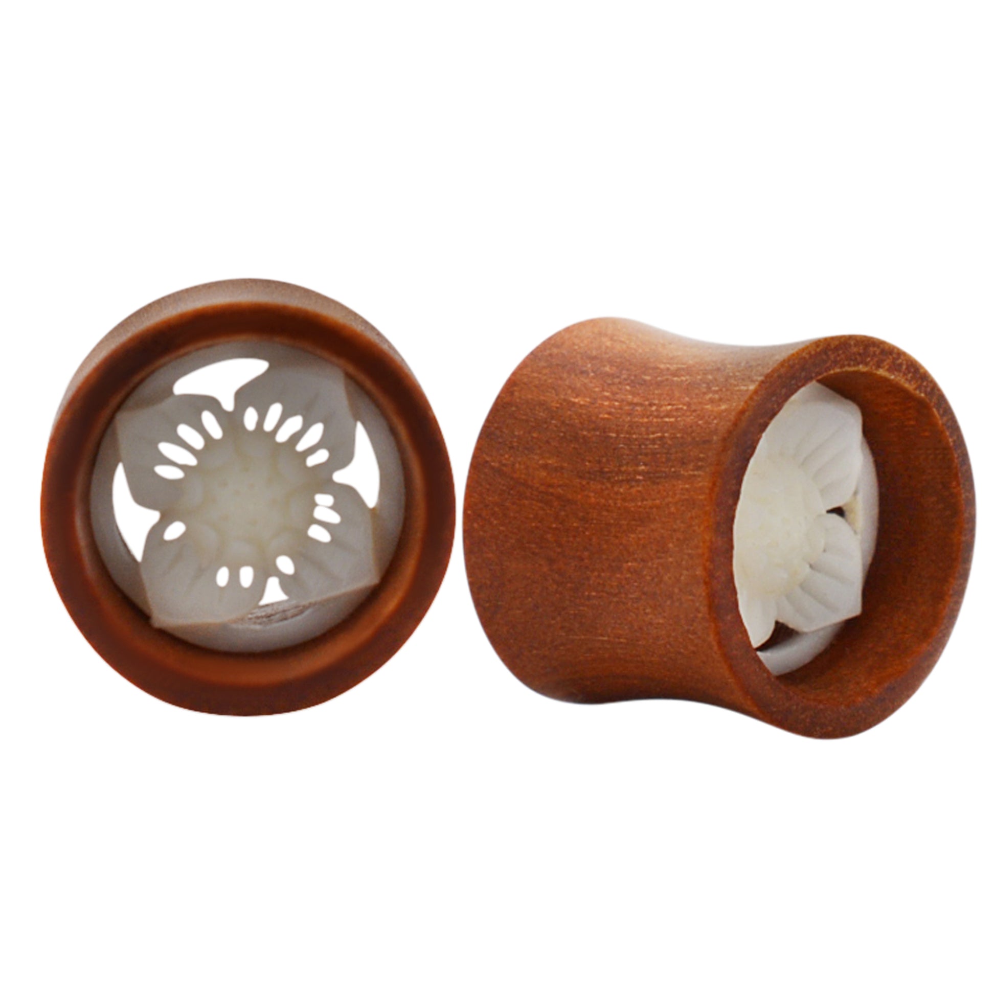 Organic Bone Inlay Sono Wood Tunnel Plug, Lotus Flower Design | Gauges