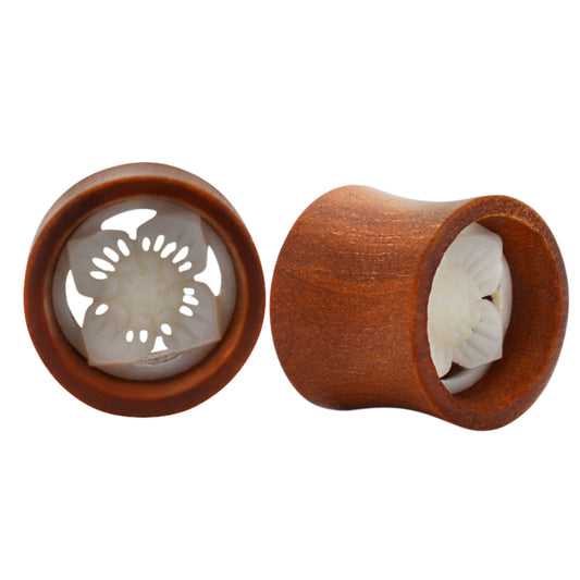 Organic Bone Inlay Sono Wood Tunnel Plug, Lotus Flower Design | Gauges