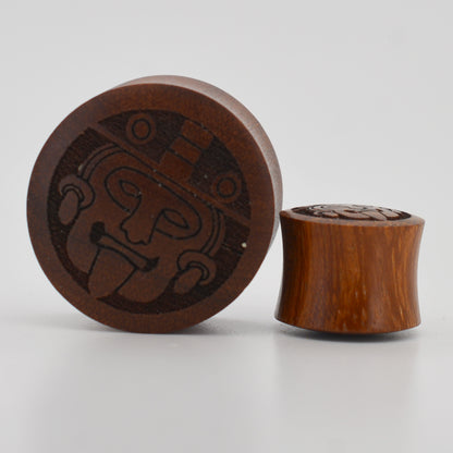 Dark Brown Sono Wood Plugs | Handmade Aztec Warrior Carved Design, Organic Gauges