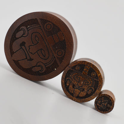 Dark Brown Sono Wood Plugs | Handmade Aztec Warrior Carved Design, Organic Gauges