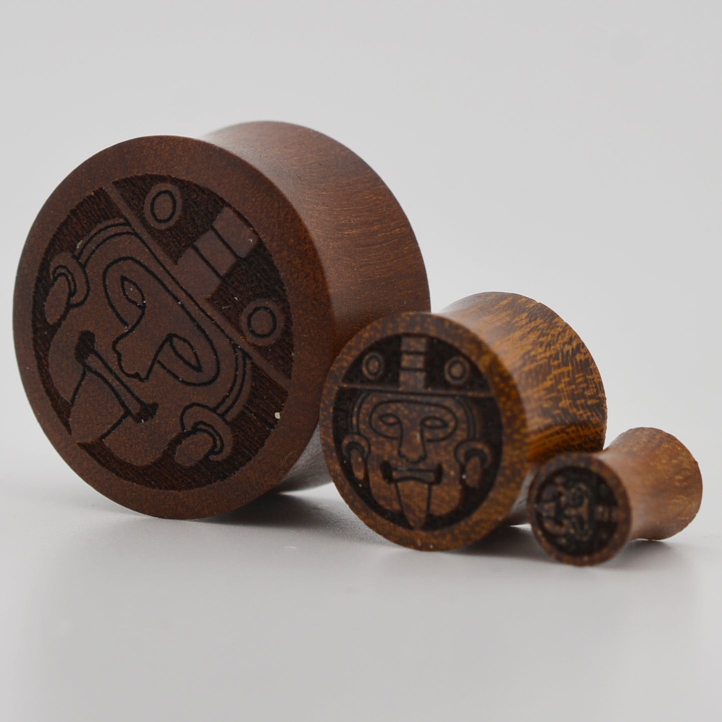 Dark Brown Sono Wood Plugs | Handmade Aztec Warrior Carved Design, Organic Gauges