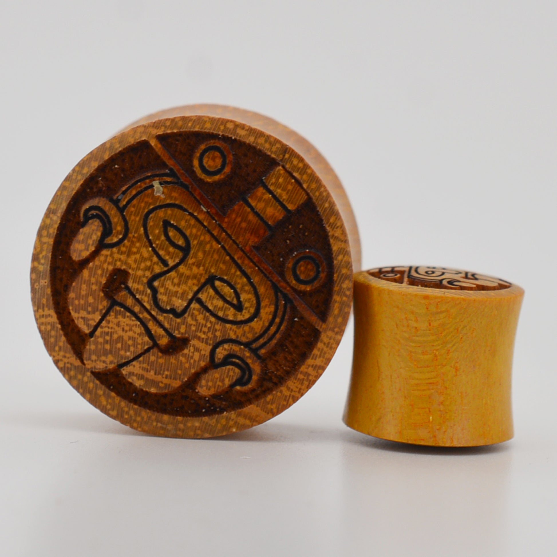  Handmade Aztec Warrior Gauges, Sono Wood Organic Plugs, Light Brown Carved Design, Tribal Ear Stretchers