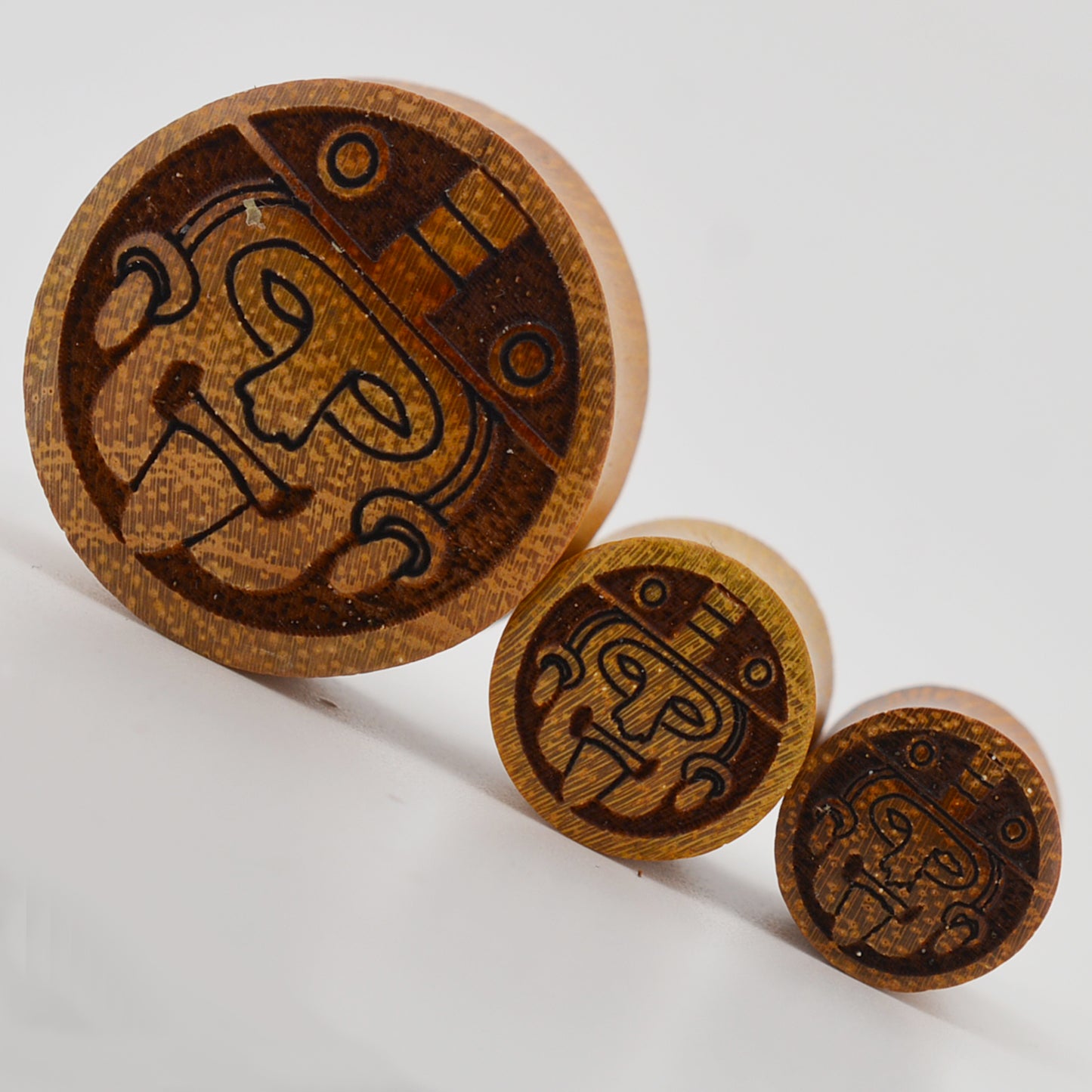  Handmade Aztec Warrior Gauges, Sono Wood Organic Plugs, Light Brown Carved Design, Tribal Ear Stretchers