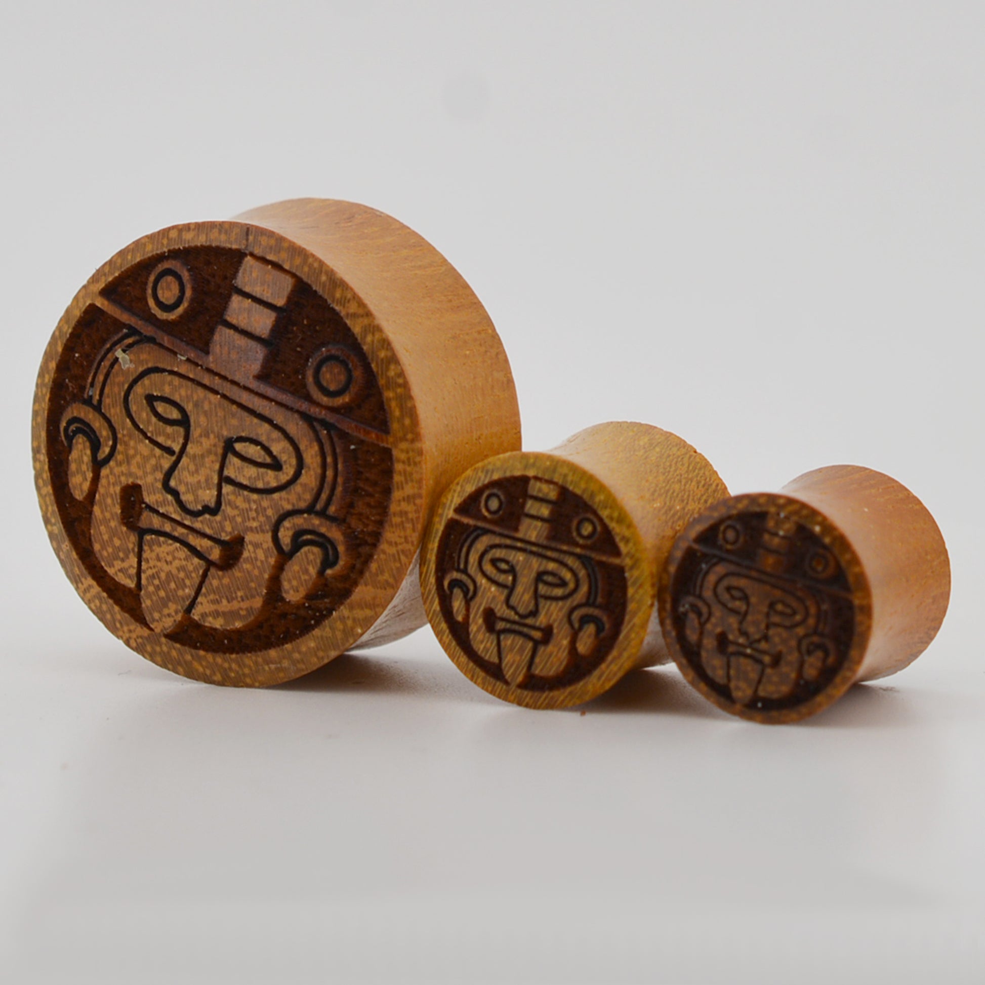  Handmade Aztec Warrior Gauges, Sono Wood Organic Plugs, Light Brown Carved Design, Tribal Ear Stretchers