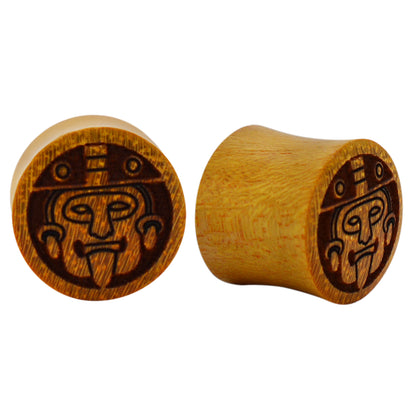  Handmade Aztec Warrior Gauges, Sono Wood Organic Plugs, Light Brown Carved Design, Tribal Ear Stretchers