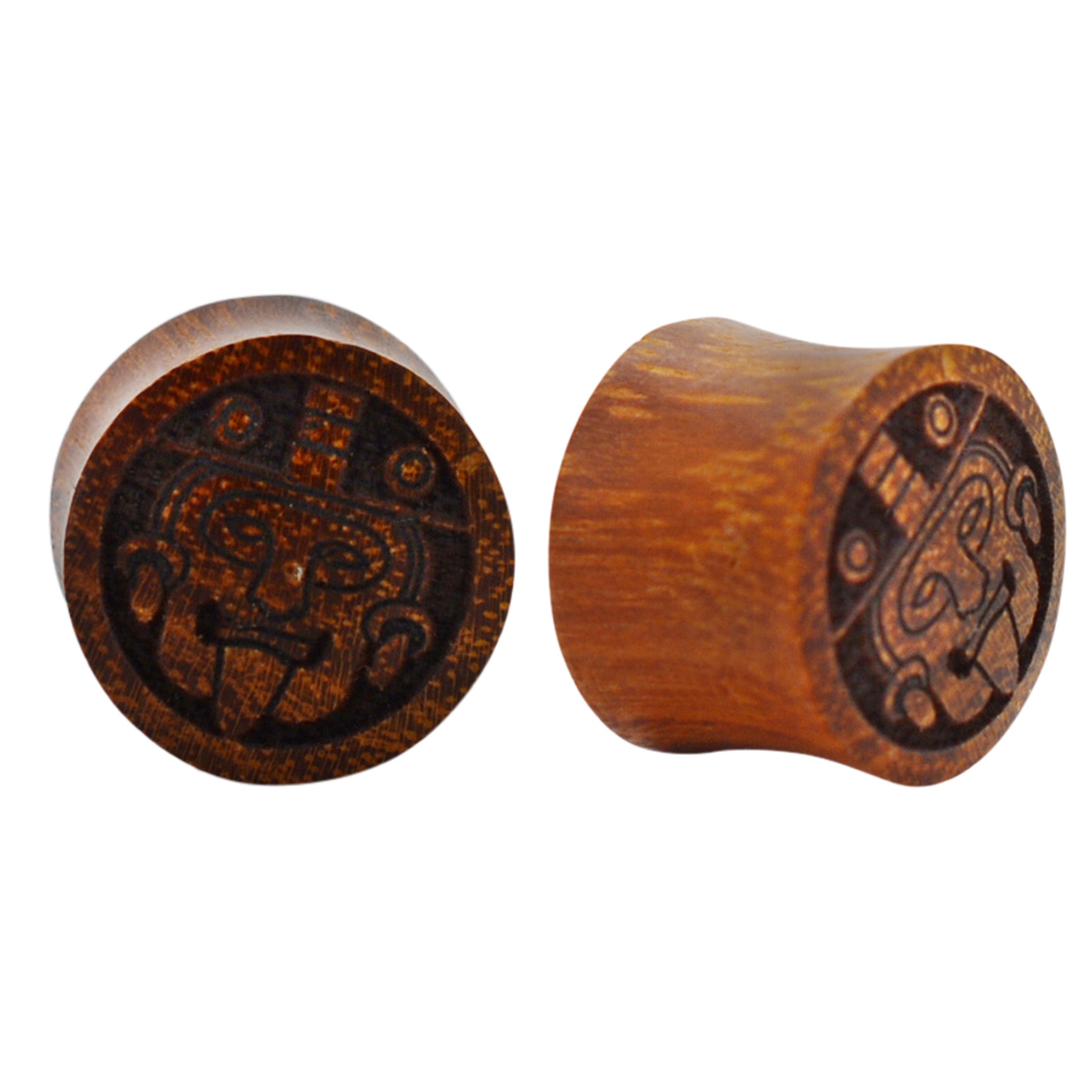 Dark Brown Sono Wood Plugs | Handmade Aztec Warrior Carved Design, Organic Gauges