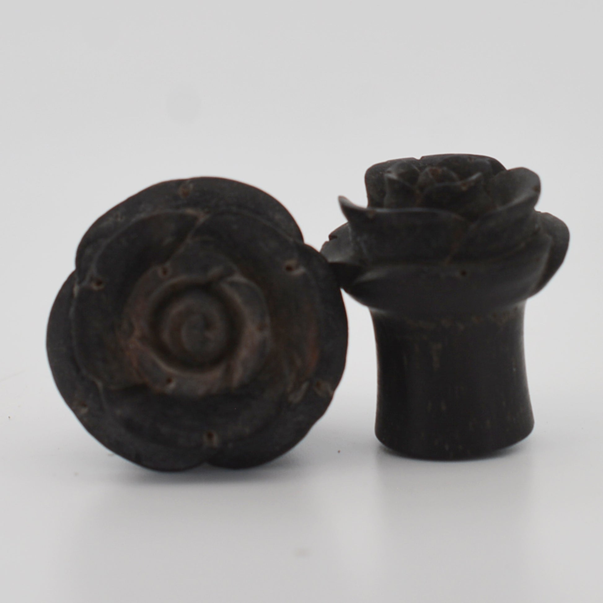 Organic Gauges | Black Areng Wood Plugs with Hand Carved Rose Design