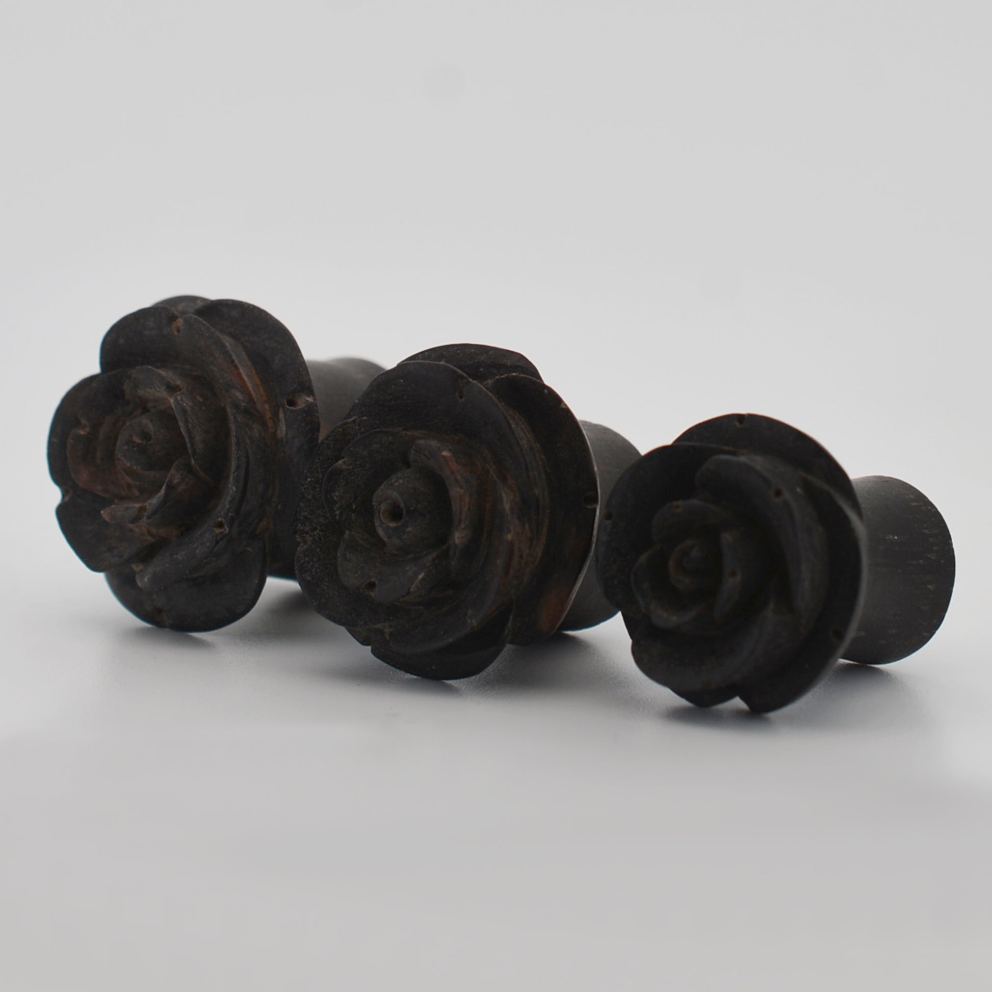 Organic Gauges | Black Areng Wood Plugs with Hand Carved Rose Design