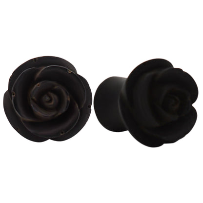 Organic Gauges | Black Areng Wood Plugs with Hand Carved Rose Design