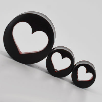 Black Smooth Wood Tunnel Plugs | Gauges with Hand Painted Red Heart Inside Hollow Design