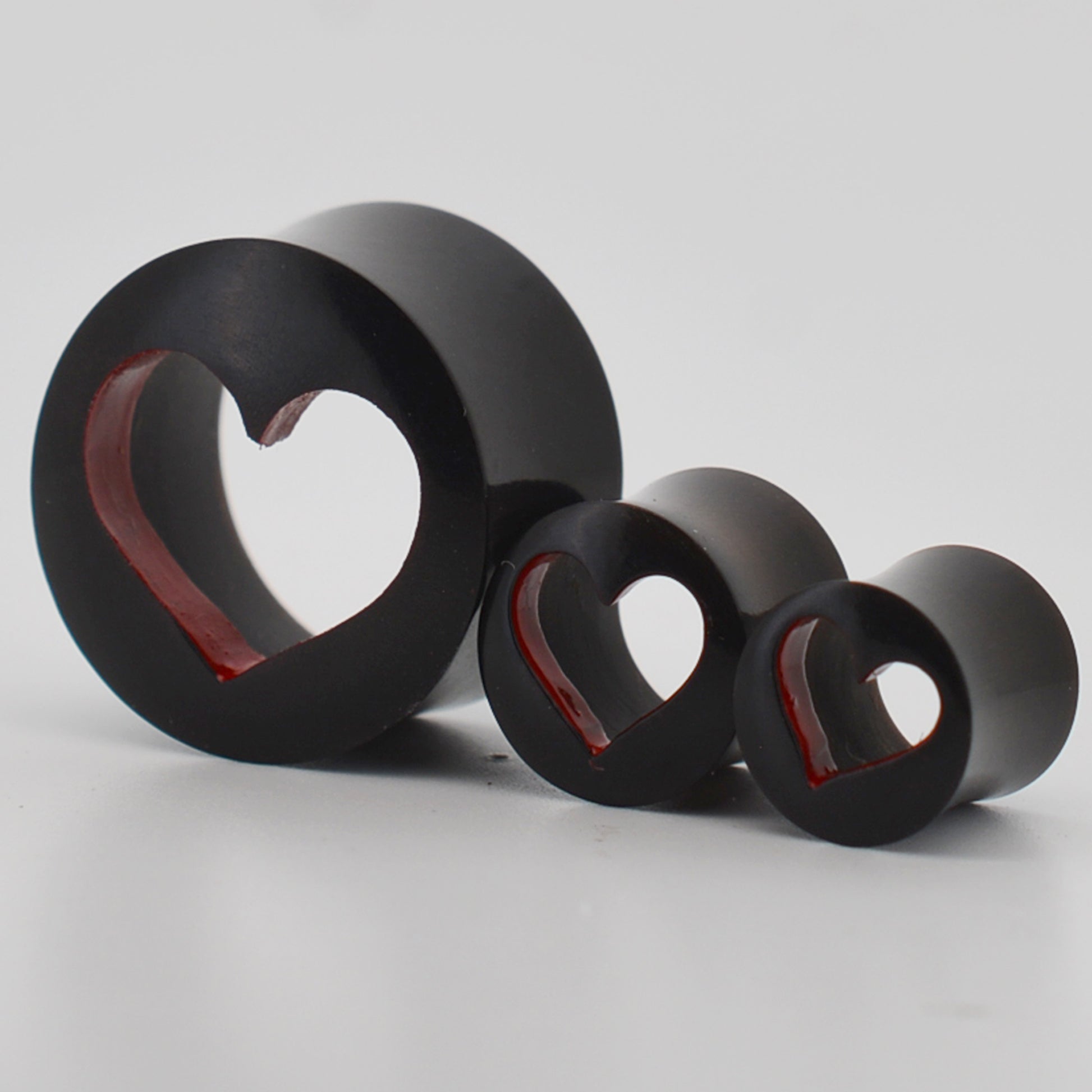 Black Smooth Wood Tunnel Plugs | Gauges with Hand Painted Red Heart Inside Hollow Design