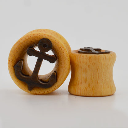  Ship Anchor Top Design Gauges, Light Brown Wood Tunnel Plugs, Organic Ear Gauges, Nautical Jewelry