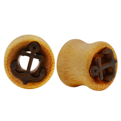  Ship Anchor Top Design Gauges, Light Brown Wood Tunnel Plugs, Organic Ear Gauges, Nautical Jewelry