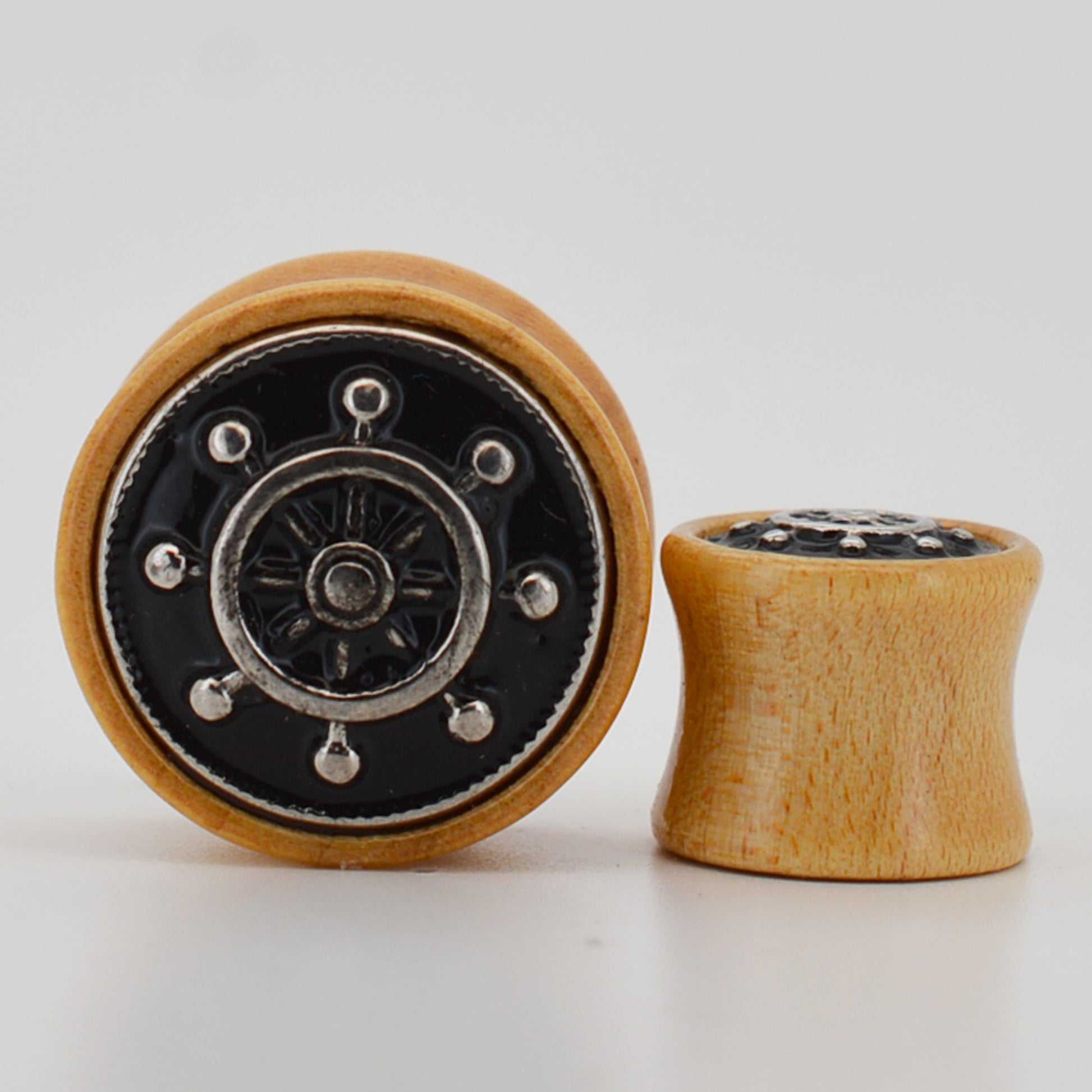 Ship Steering Wheel Organic Plugs, Light Brown Wood Gauges, Nautical Ear Jewelry, Unique Design