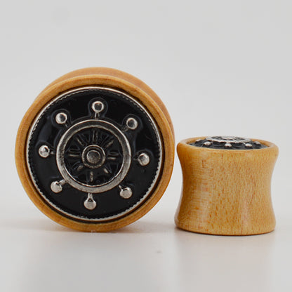 Ship Steering Wheel Organic Plugs, Light Brown Wood Gauges, Nautical Ear Jewelry, Unique Design