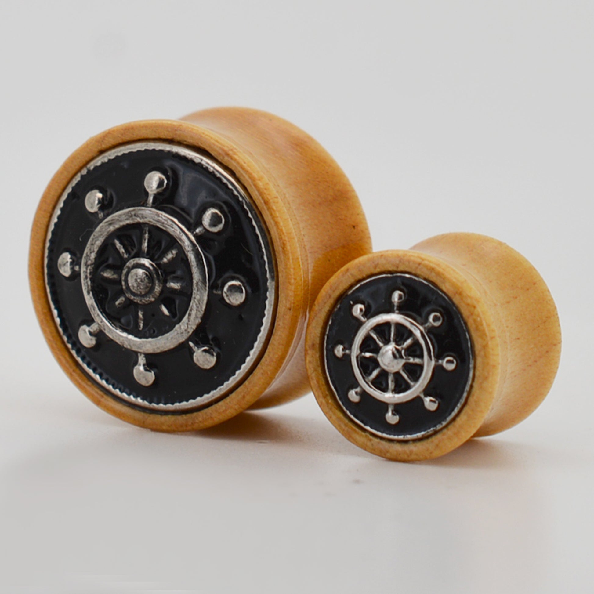 Ship Steering Wheel Organic Plugs, Light Brown Wood Gauges, Nautical Ear Jewelry, Unique Design