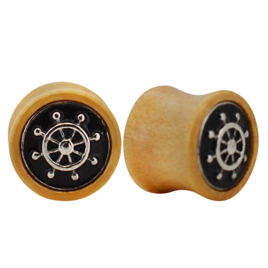 Ship Steering Wheel Organic Plugs, Light Brown Wood Gauges, Nautical Ear Jewelry, Unique Design