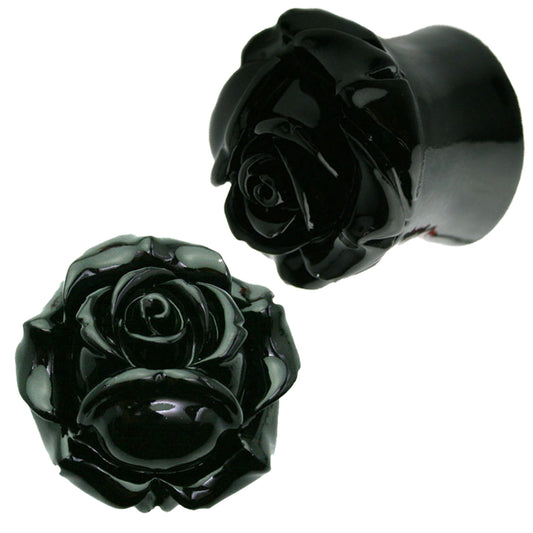 Black Eden Rose Flower Resin Ear Plug Gauges, Floral Design, Flare Gauge Earrings, Piercing Jewelry, Nature-inspired, Sexy Jewelz, Los Angeles