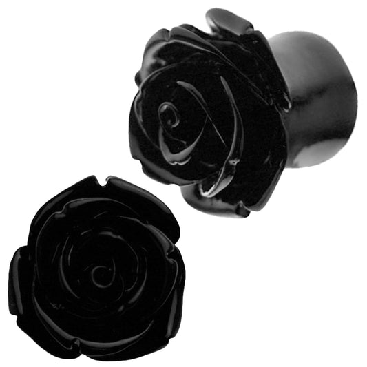 Black Hybrid Tea Rose Flower Resin Ear Plug Gauges, Floral Design Flare Plug, Rose Ear Gauge, Flower Ear Jewelry, Sexy Jewelz, Los Angeles