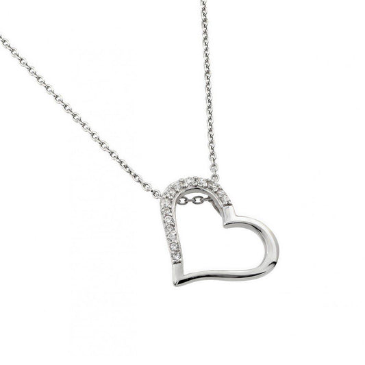 925 Sterling Silver Slanted Hollow Heart Half Studded with CZ Pendant Necklace