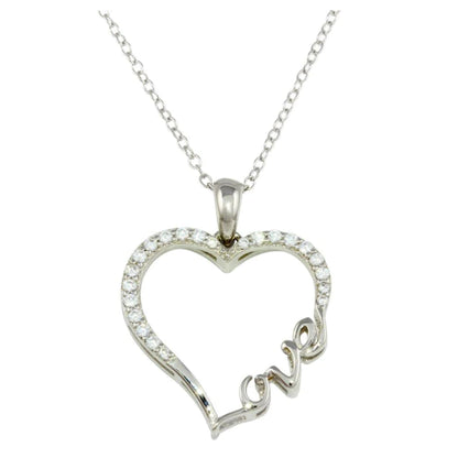 925 Sterling Silver CZ Studded Hollow Heart with LOVE word Pendant Necklace