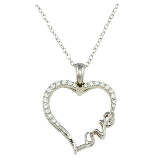 925 Sterling Silver CZ Studded Hollow Heart with LOVE word Pendant Necklace