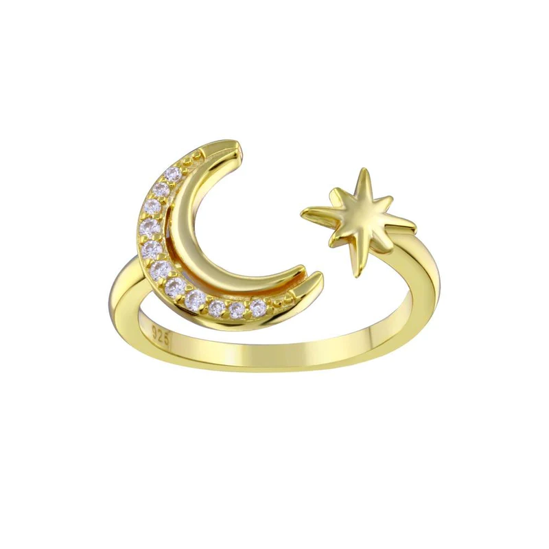 925 Sterling Silver CZ Studded Crescent Moon and Star Gap Ring