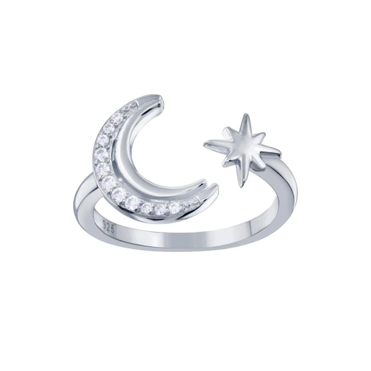 925 Sterling Silver CZ Studded Crescent Moon and Star Gap Ring