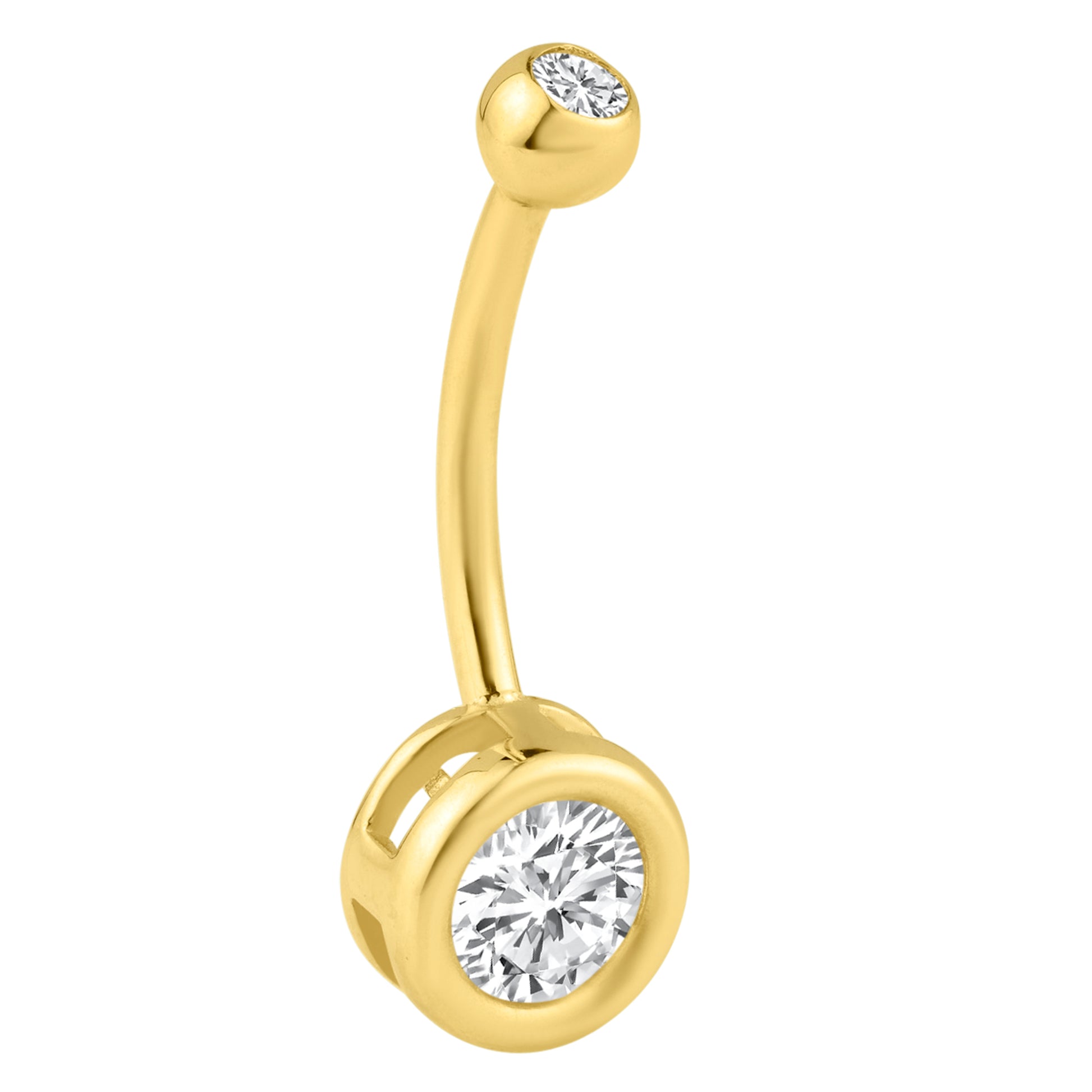 14k Solid Gold Round Zircon Belly Ring, Bezel-Set Navel Jewelry, 8mm Casting Bezel Setting, Sexy Jewelz, Los Angeles