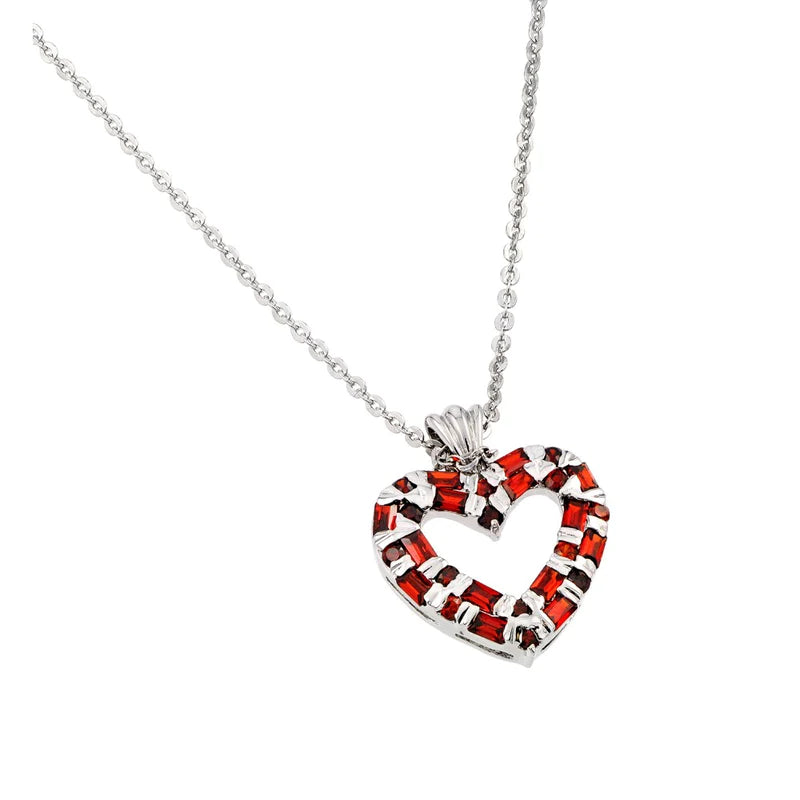 Garnet CZ Heart Pendant Necklace, Silver 925 Rhodium Plated, Dainty Charm, Gift for Her, Sexy Jewelz, Los Angeles