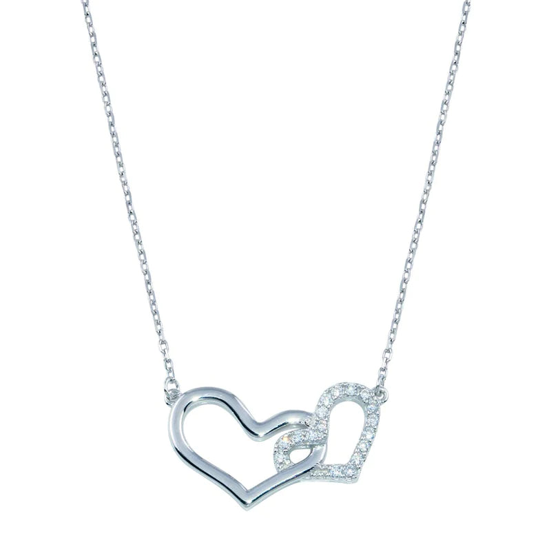 Rhodium Plated Double CZ Heart Necklace, Sterling Silver Pendant, Cubic Zirconia Jewelry, Gift for Her, Sexy Jewelz, Los Angeles