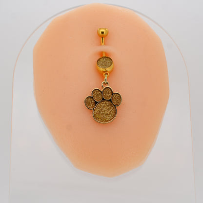 Pet Lover Gift Belly Button Ring, Stainless Steel Dangling Dog Paw Print, Sandpaper Design, Cute Navel Jewelry